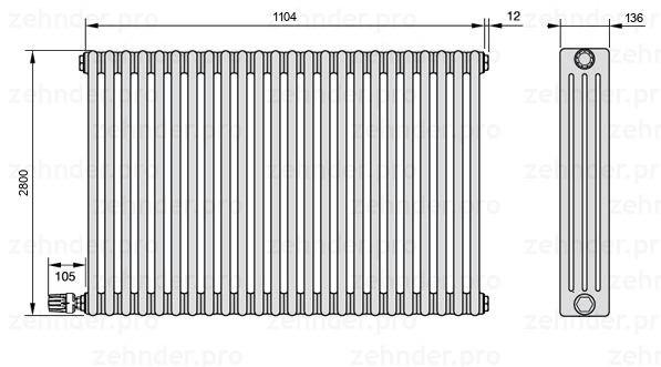 Схема (чертеж) Радиатор Zehnder Charleston 4280/24 №V003 Белый глянцевый RAL 9016